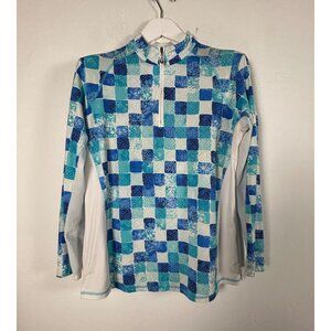 SanSoleil XL Womens UV 50+ Cooling Long Sleeve Top Blue Check 1/4 Zip Pullover